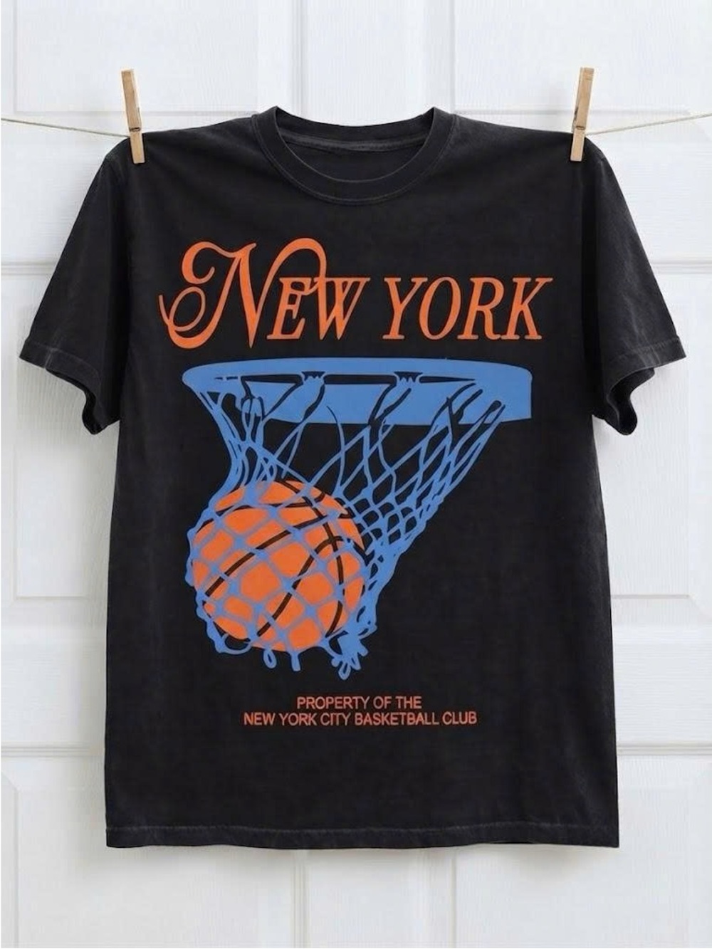 Vintage New York Basketball Graphic Tee - Black with Orange & Blue